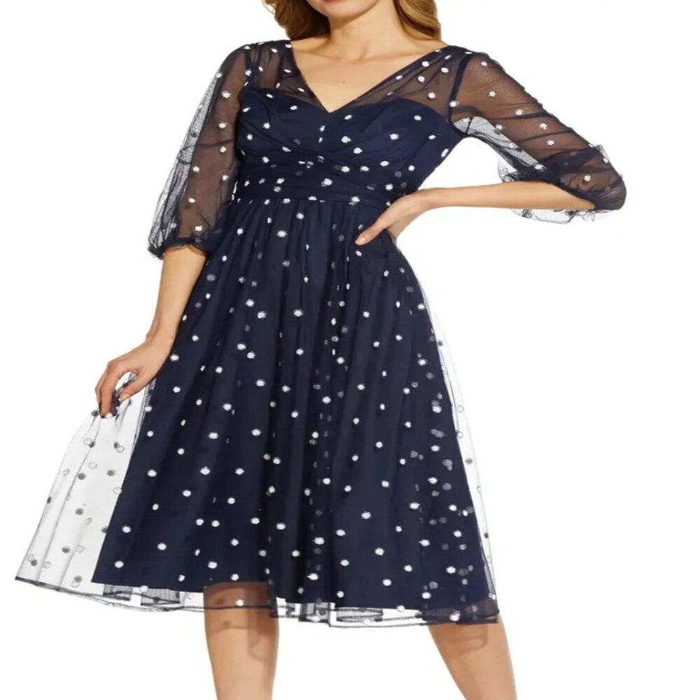 Adrianna Papell Surplice V- Neck Back Zipper 3/4 Sleeves Beaded Midi Dress